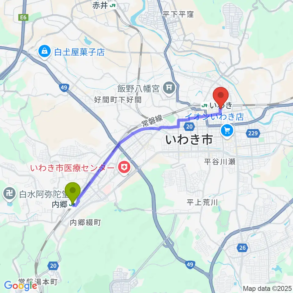 内郷駅からいわきソニックへのルートマップ地図