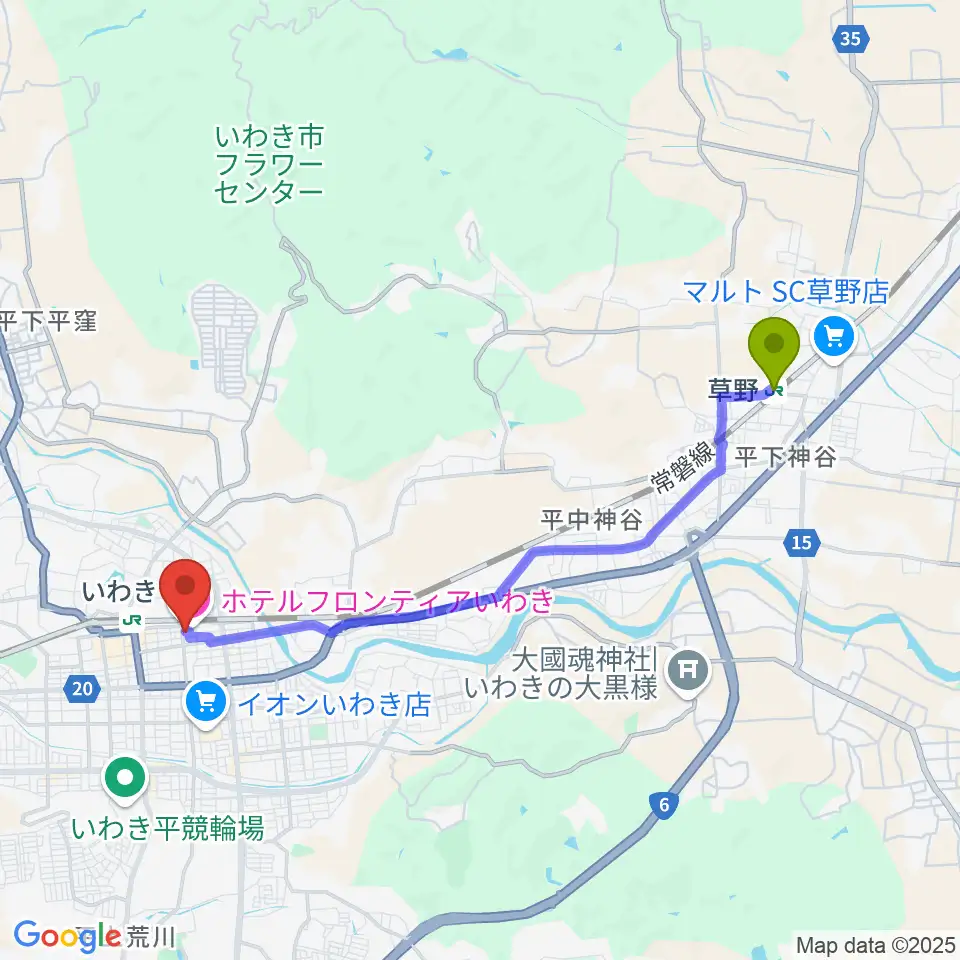 草野駅からいわきソニックへのルートマップ地図