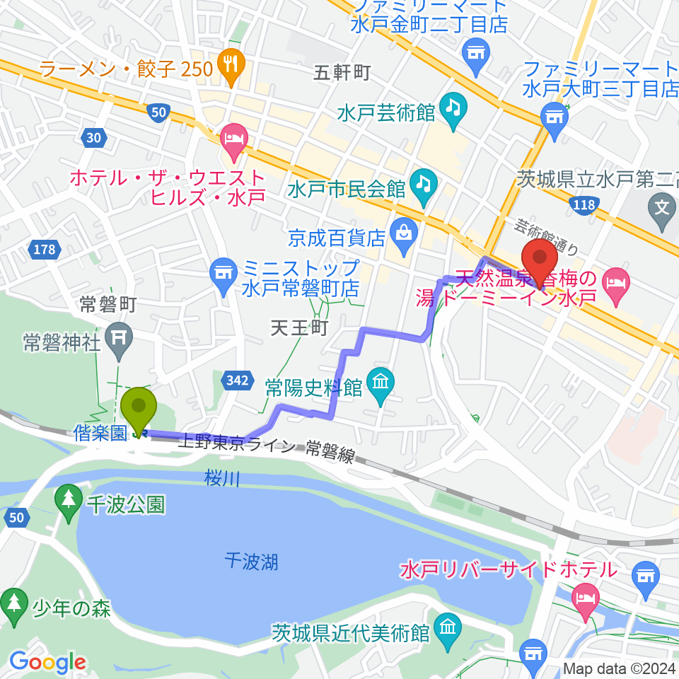 偕楽園駅から水戸SONICへのルートマップ地図