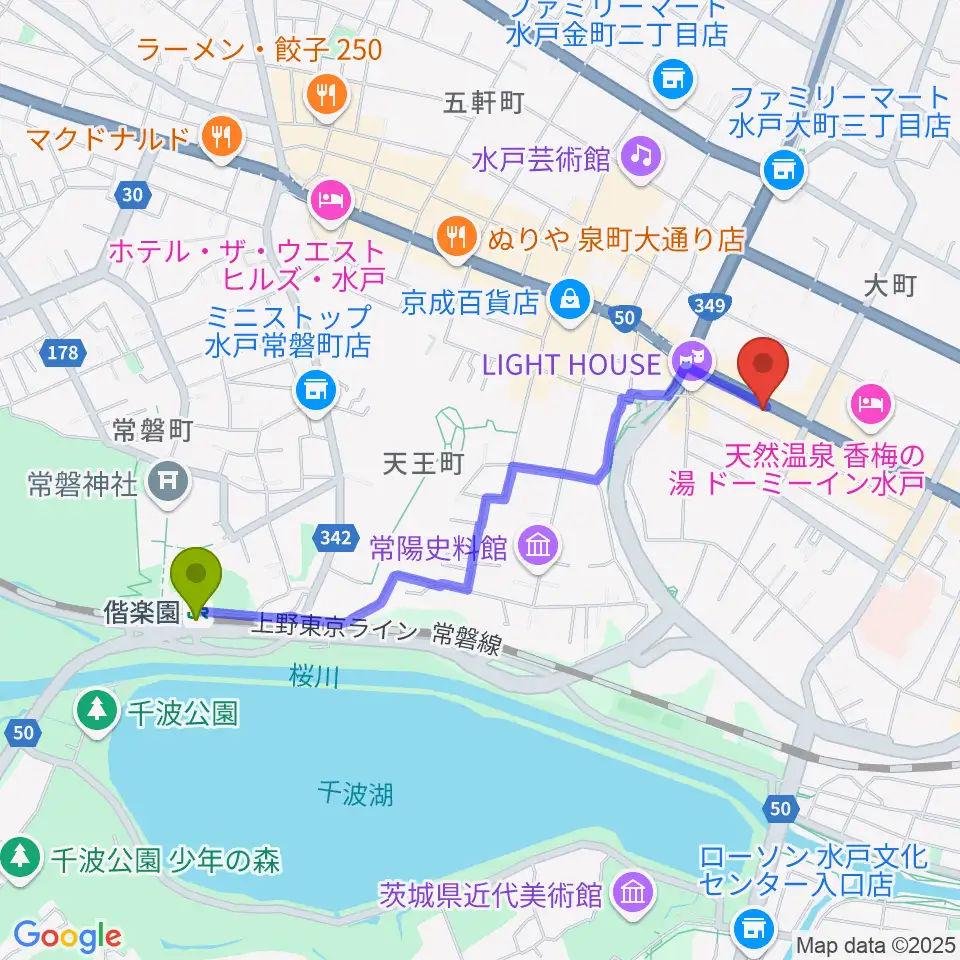 偕楽園駅から水戸SONICへのルートマップ地図