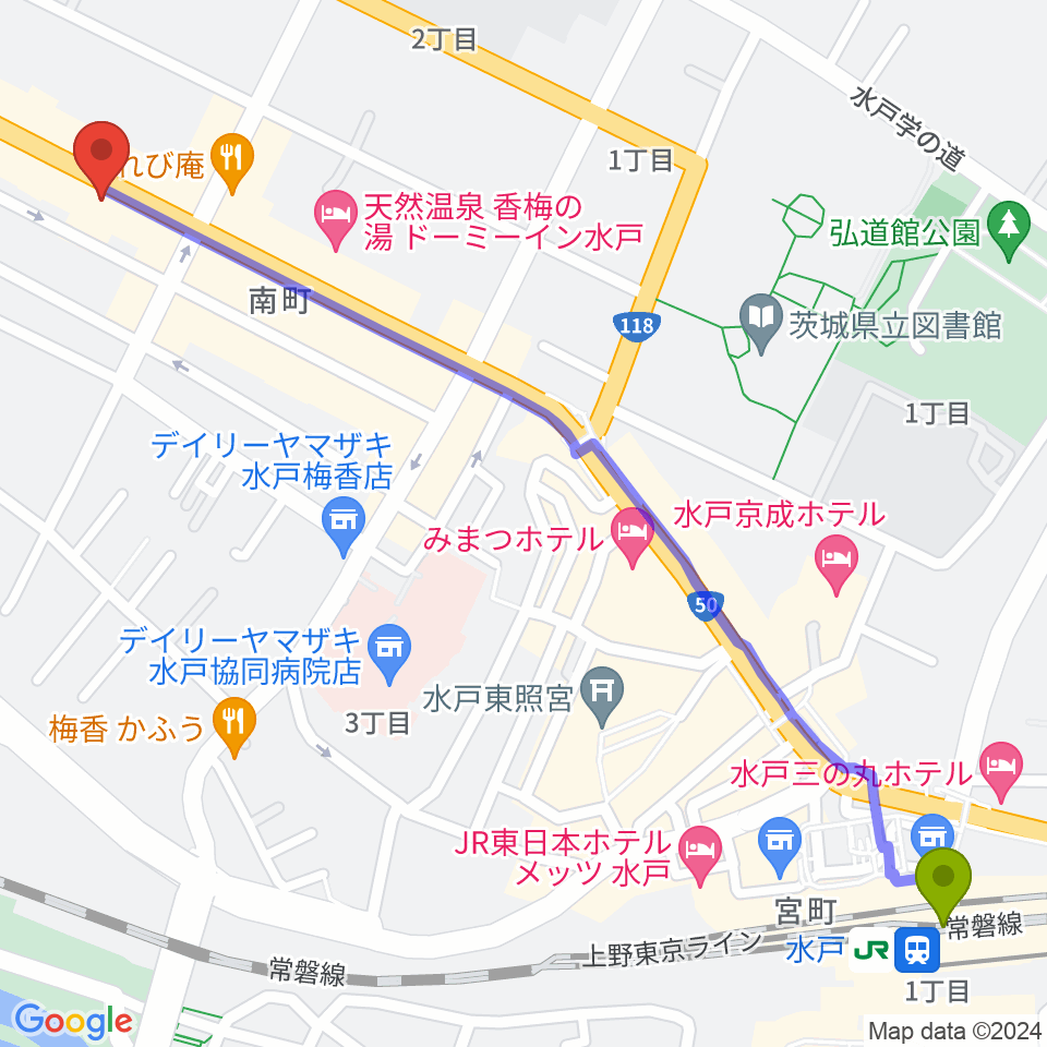 水戸SONICの最寄駅水戸駅からの徒歩ルート（約16分）地図