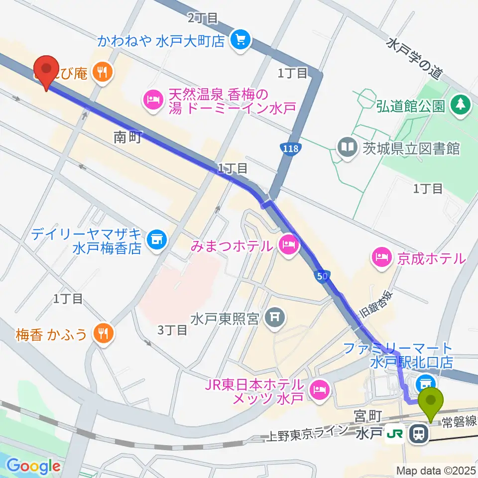 水戸SONICの最寄駅水戸駅からの徒歩ルート（約16分）地図