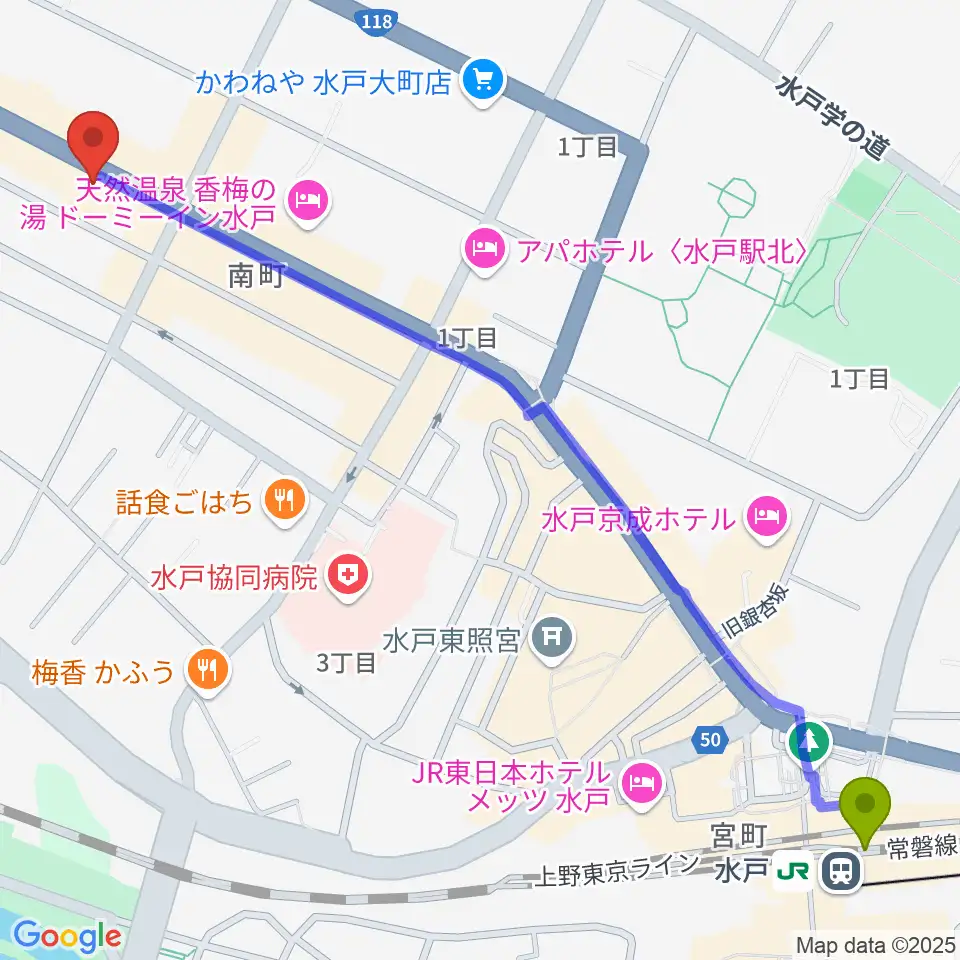 水戸SONICの最寄駅水戸駅からの徒歩ルート（約16分）地図