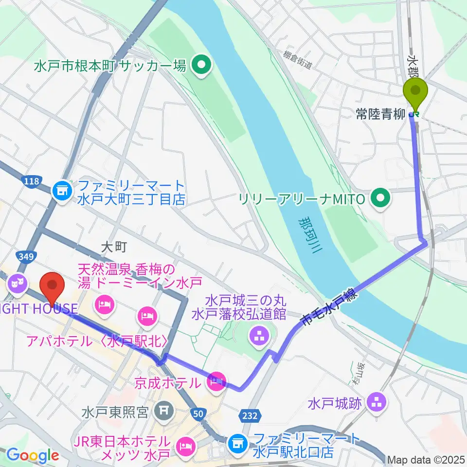 常陸青柳駅から水戸SONICへのルートマップ地図