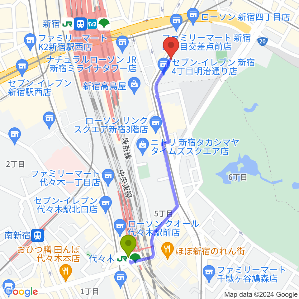 代々木駅から新宿ANTIKNOCKへのルートマップ地図