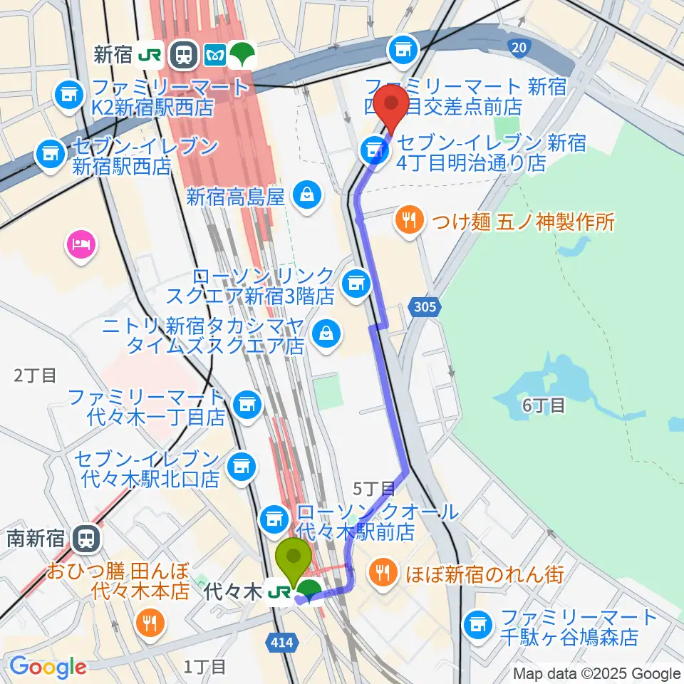 代々木駅から新宿ANTIKNOCKへのルートマップ地図