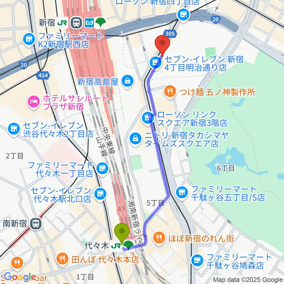 代々木駅から新宿ANTIKNOCKへのルートマップ地図