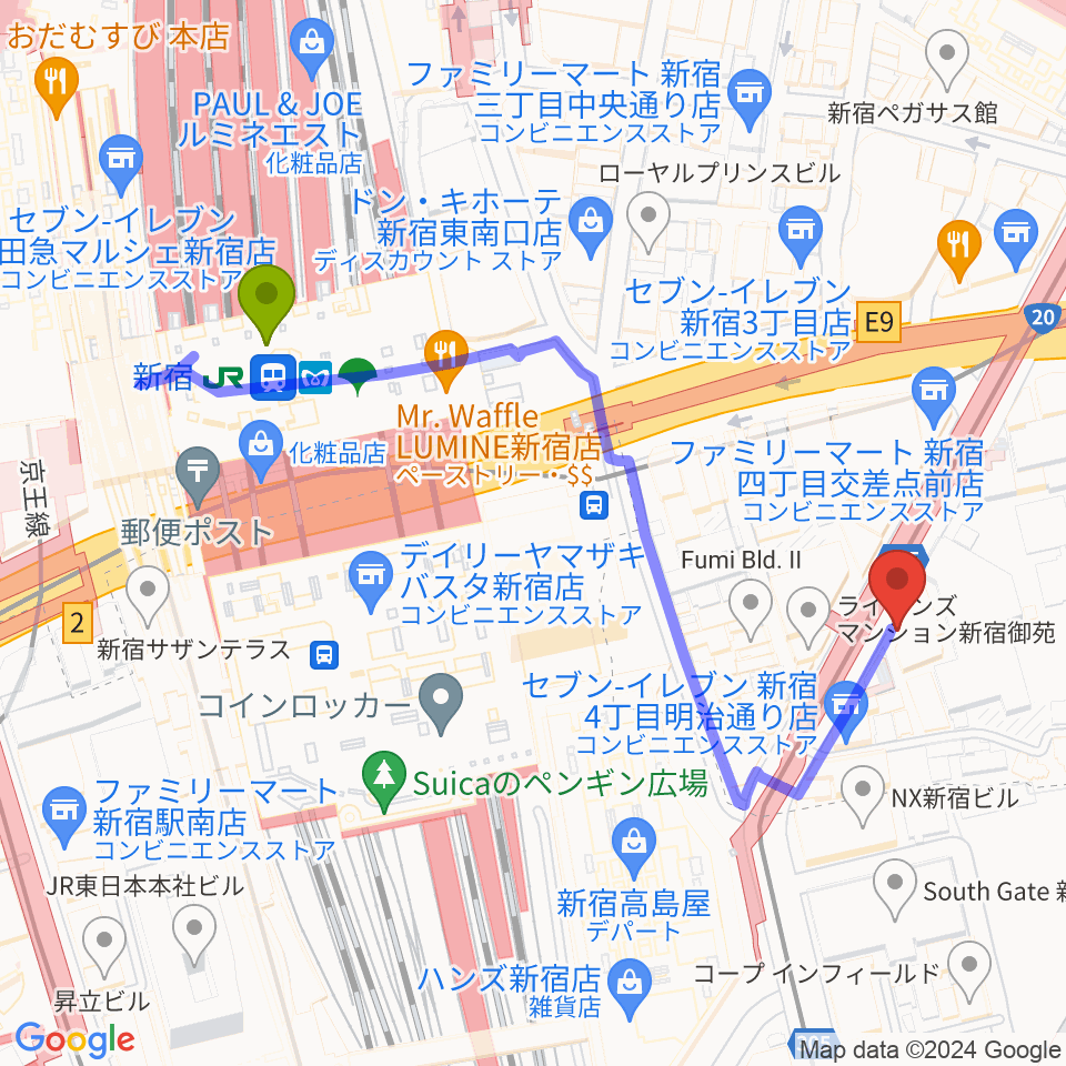 新宿駅から新宿ANTIKNOCKへのルートマップ地図
