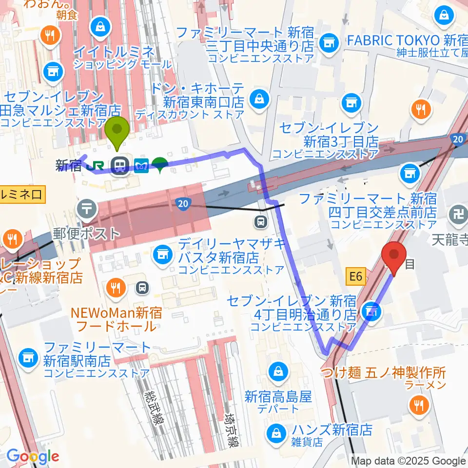 新宿駅から新宿ANTIKNOCKへのルートマップ地図