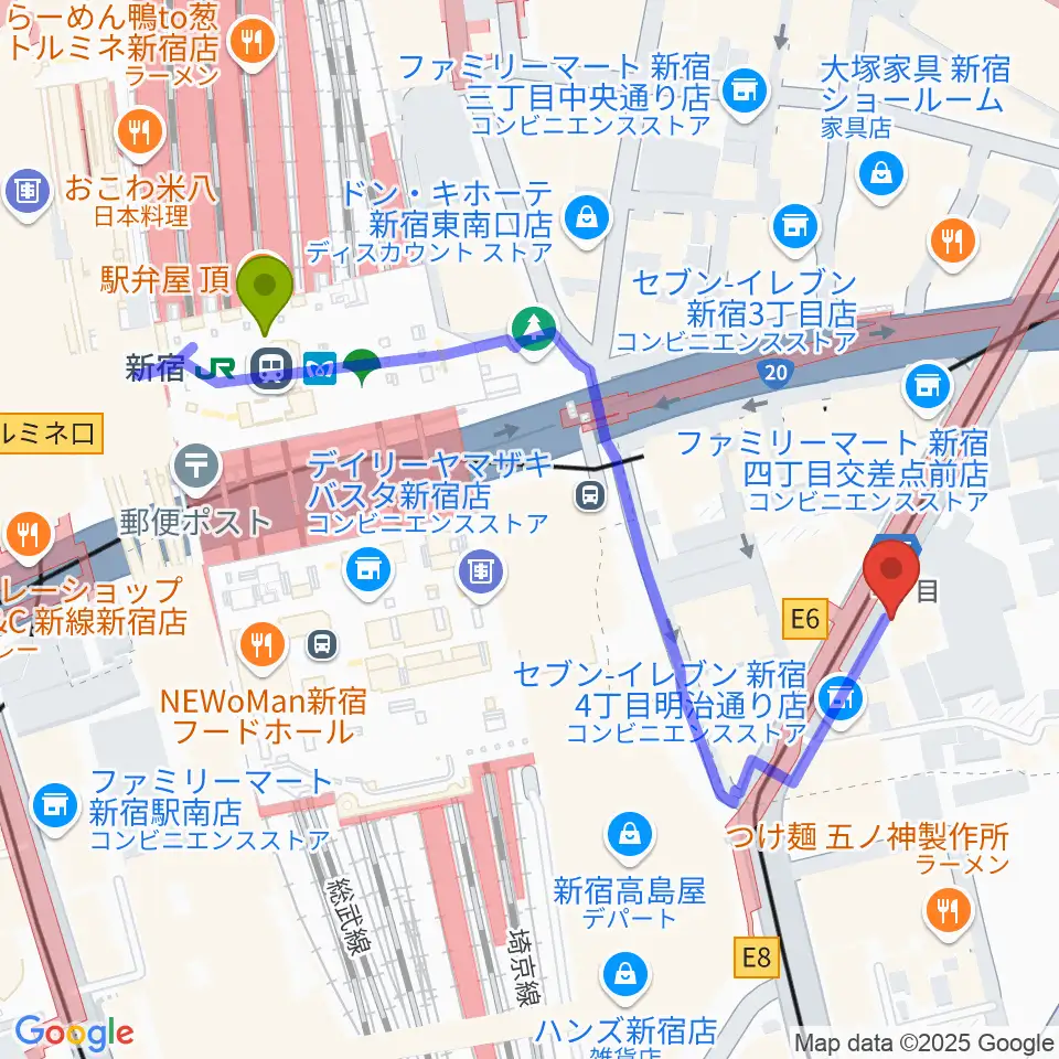 新宿駅から新宿ANTIKNOCKへのルートマップ地図
