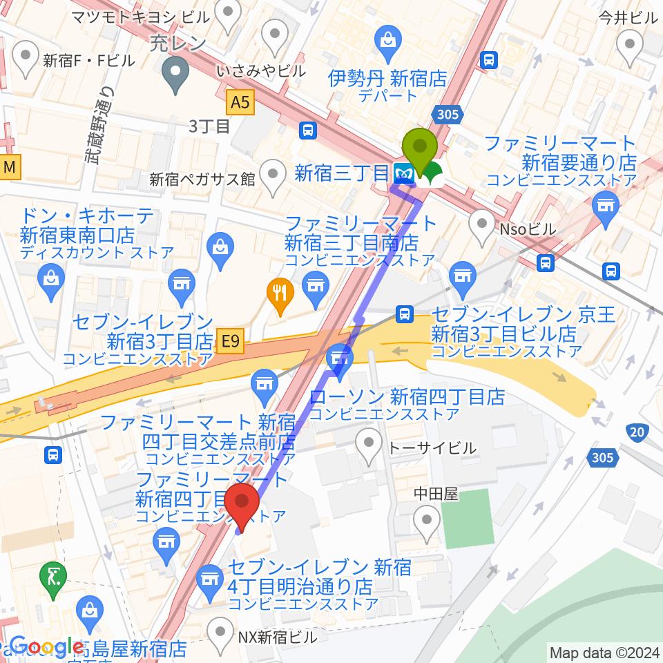 新宿ANTIKNOCKの最寄駅新宿三丁目駅からの徒歩ルート（約5分）地図