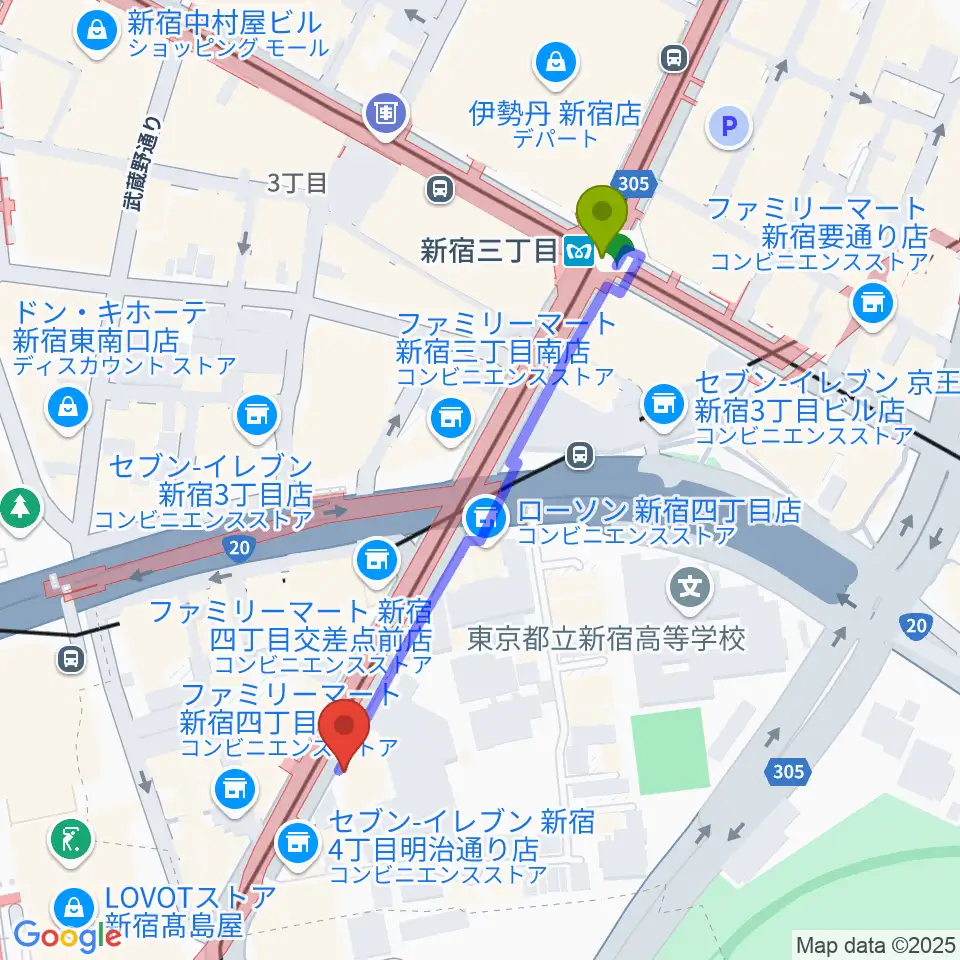 新宿ANTIKNOCKの最寄駅新宿三丁目駅からの徒歩ルート（約5分）地図