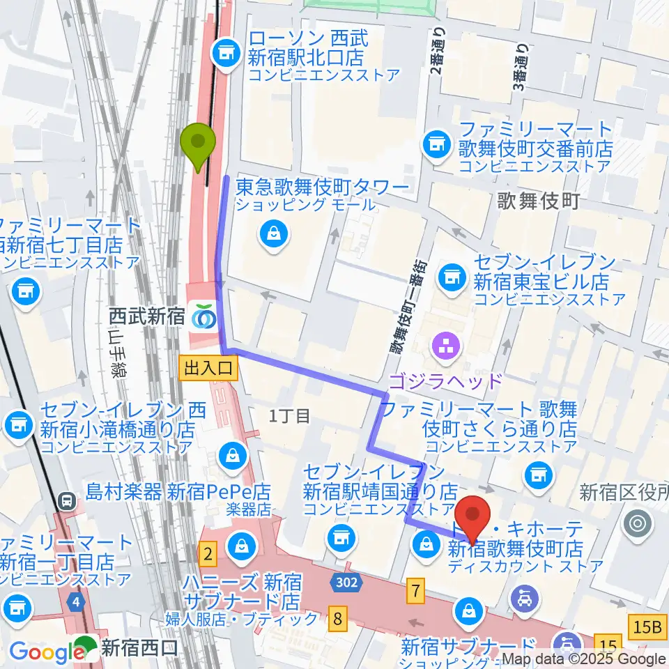 西武新宿駅からゴールデンエッグへのルートマップ地図