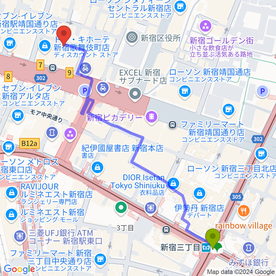 新宿三丁目駅から歌舞伎町ゴールデンエッグへのルートマップ Mdata