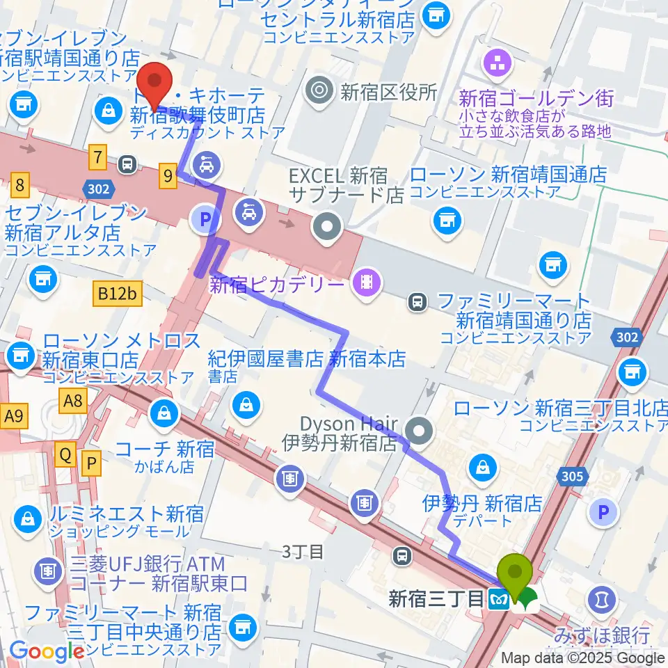 新宿三丁目駅からゴールデンエッグへのルートマップ地図