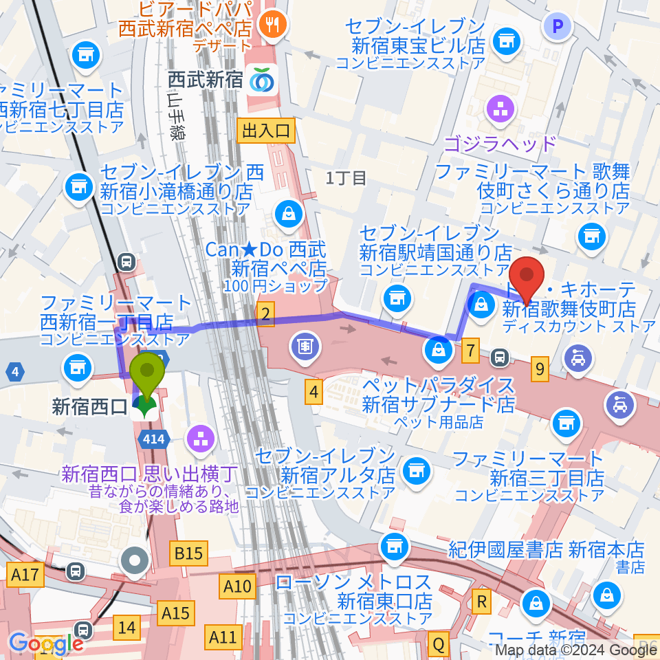 歌舞伎町ゴールデンエッグの最寄駅新宿西口駅からの徒歩ルート 約5分 Mdata