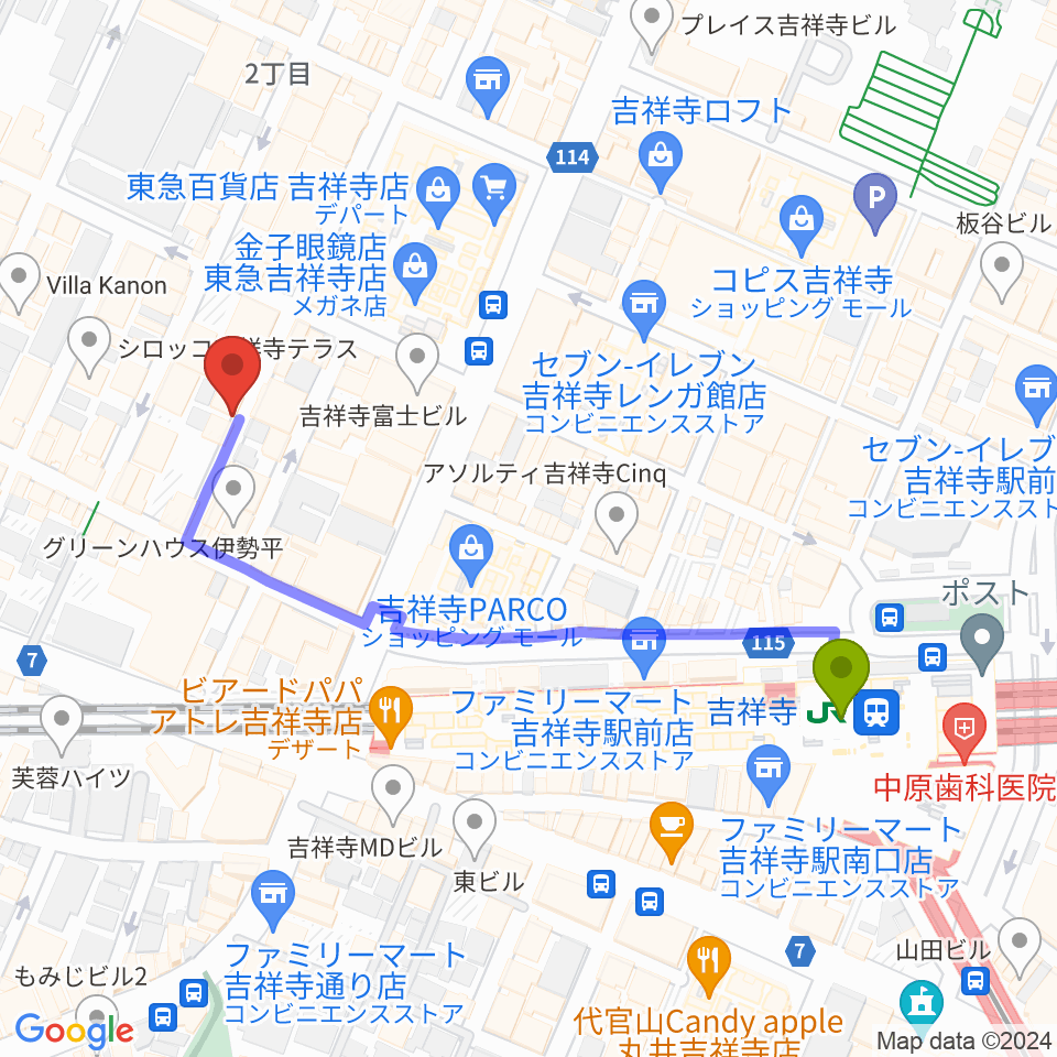 吉祥寺ストリングスの最寄駅吉祥寺駅からの徒歩ルート（約5分）地図