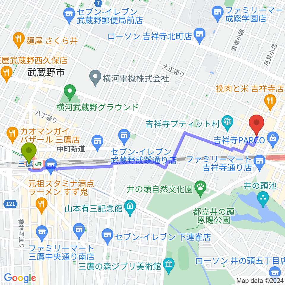 三鷹駅から吉祥寺ストリングスへのルートマップ地図