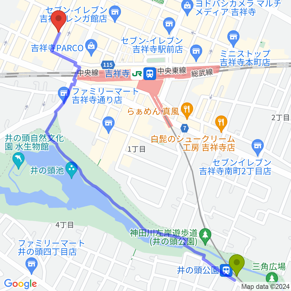 井の頭公園駅から吉祥寺ストリングスへのルートマップ地図