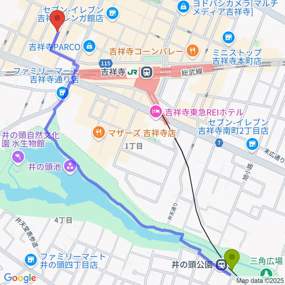 井の頭公園駅から吉祥寺ストリングスへのルートマップ地図