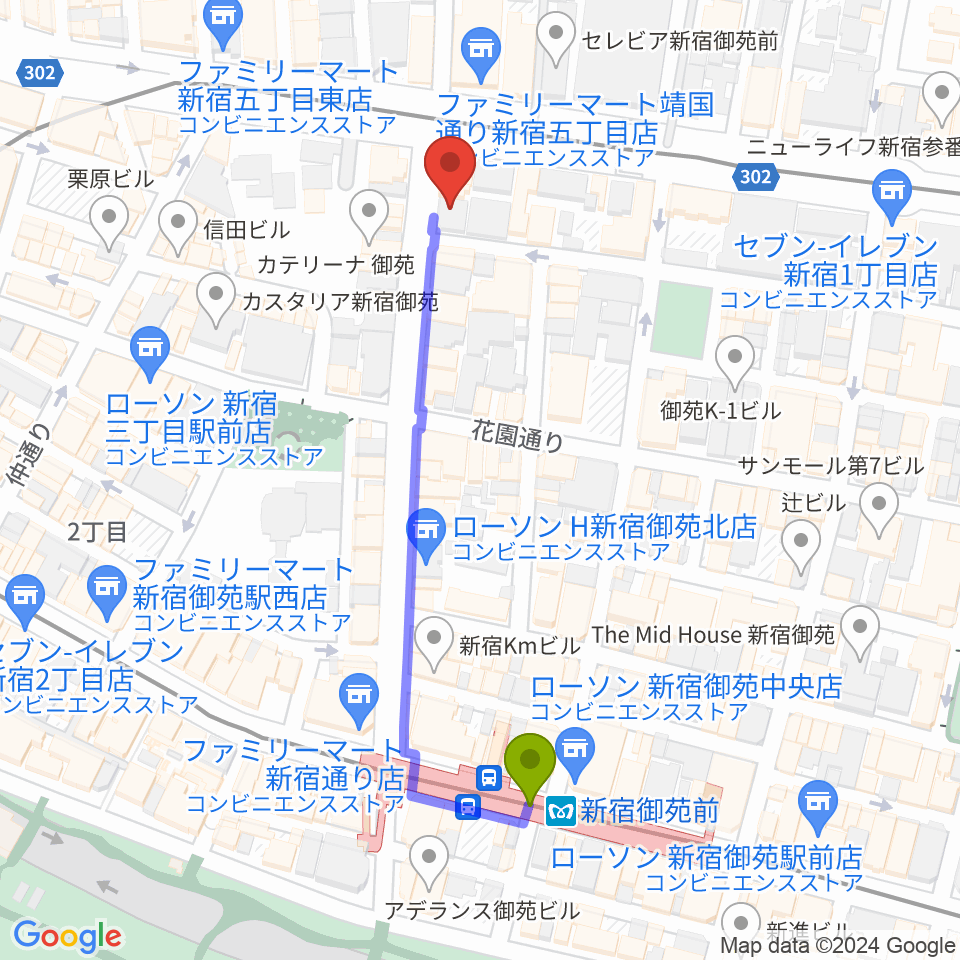 新宿SOMEDAYの最寄駅新宿御苑前駅からの徒歩ルート（約5分）地図