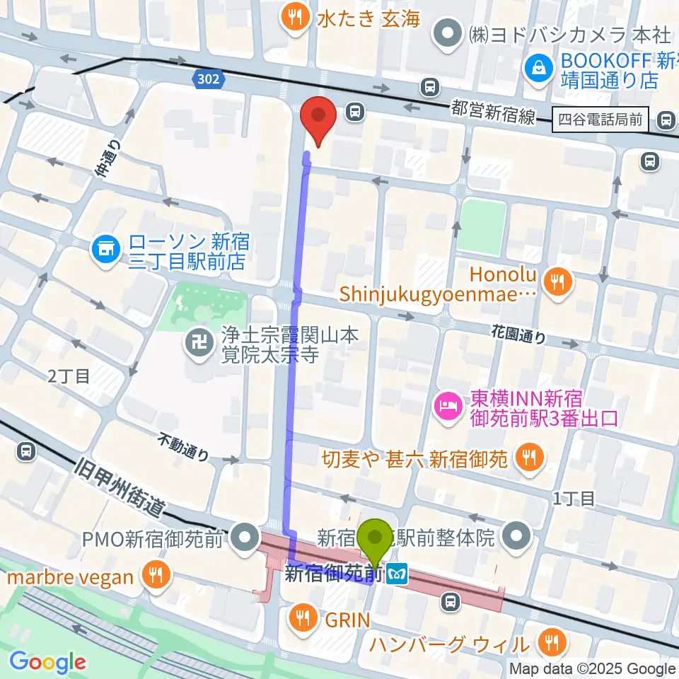 新宿SOMEDAYの最寄駅新宿御苑前駅からの徒歩ルート（約5分）地図