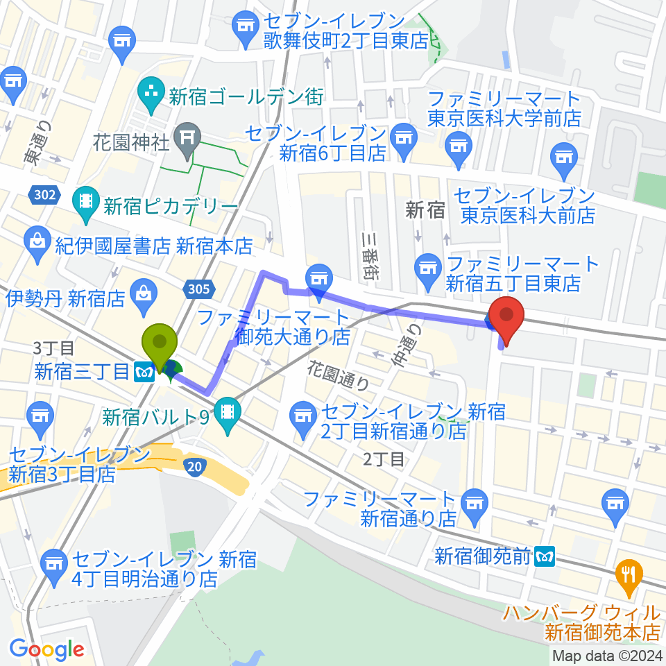 新宿三丁目駅から新宿SOMEDAYへのルートマップ地図