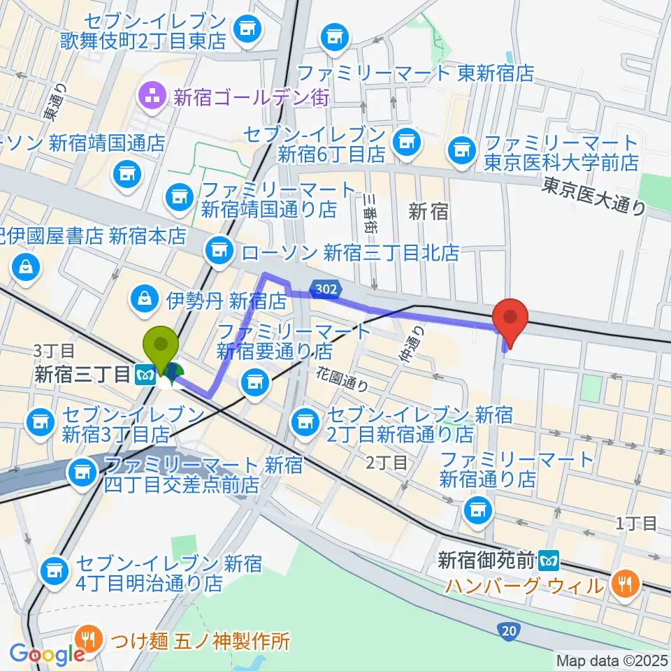 新宿三丁目駅から新宿SOMEDAYへのルートマップ地図