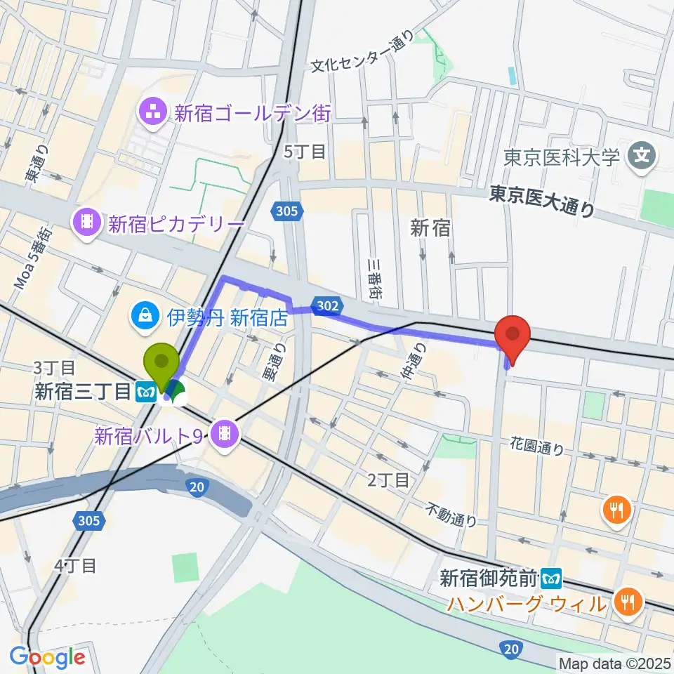 新宿三丁目駅から新宿SOMEDAYへのルートマップ地図