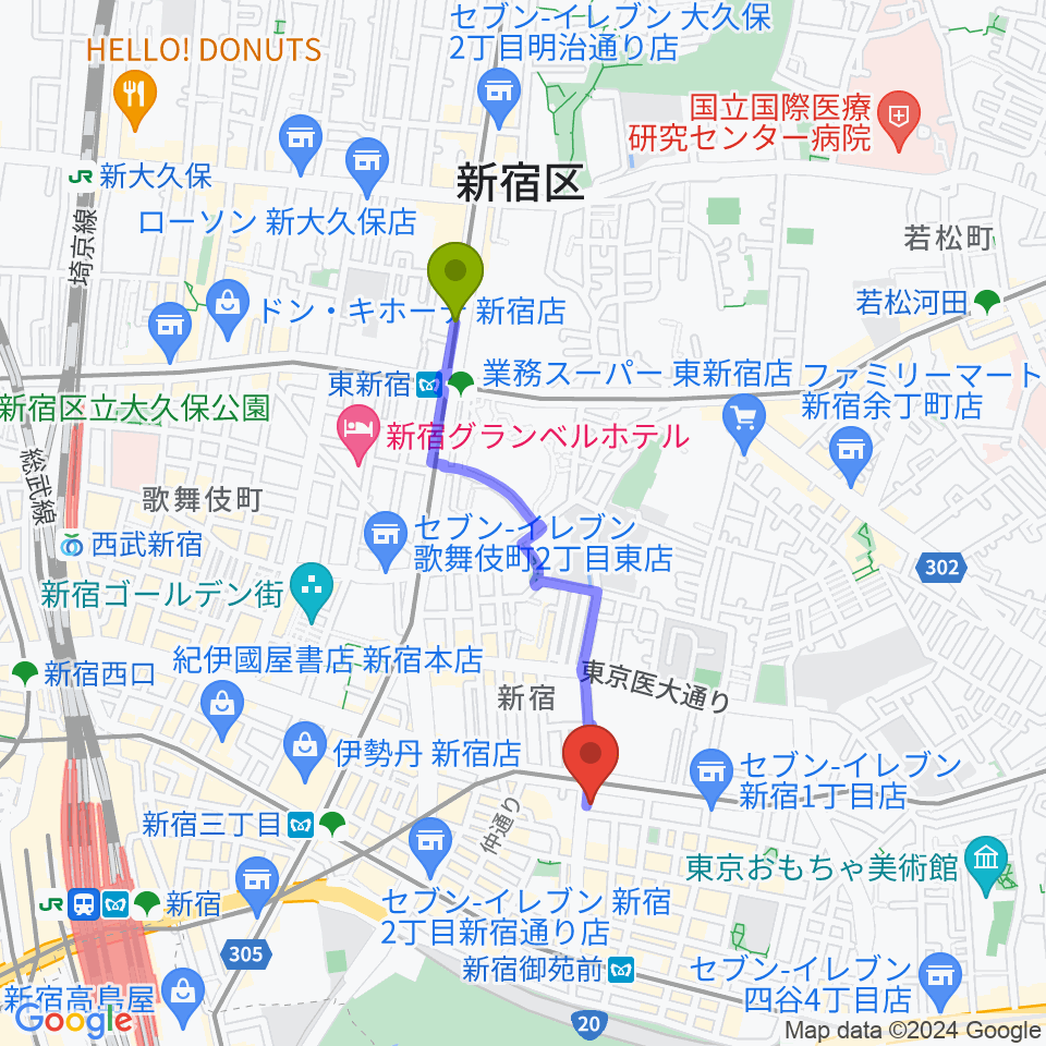 東新宿駅から新宿SOMEDAYへのルートマップ地図