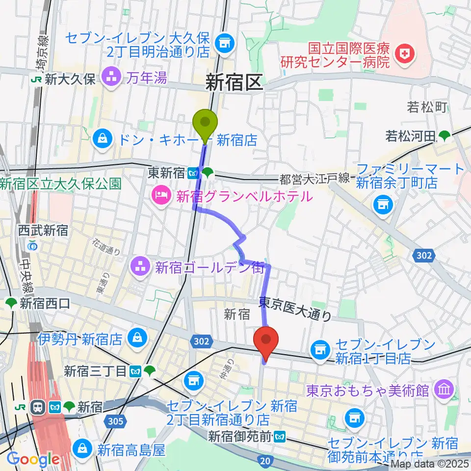 東新宿駅から新宿SOMEDAYへのルートマップ地図