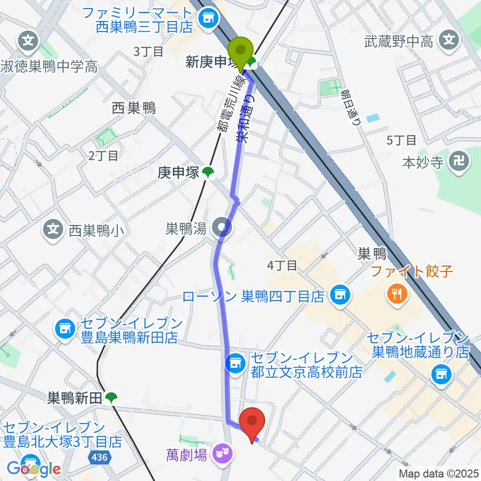 新庚申塚駅から大塚GRECOへのルートマップ地図