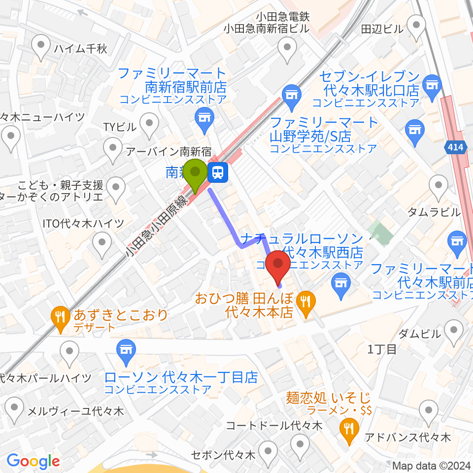 代々木Barbaraの最寄駅南新宿駅からの徒歩ルート（約2分）地図
