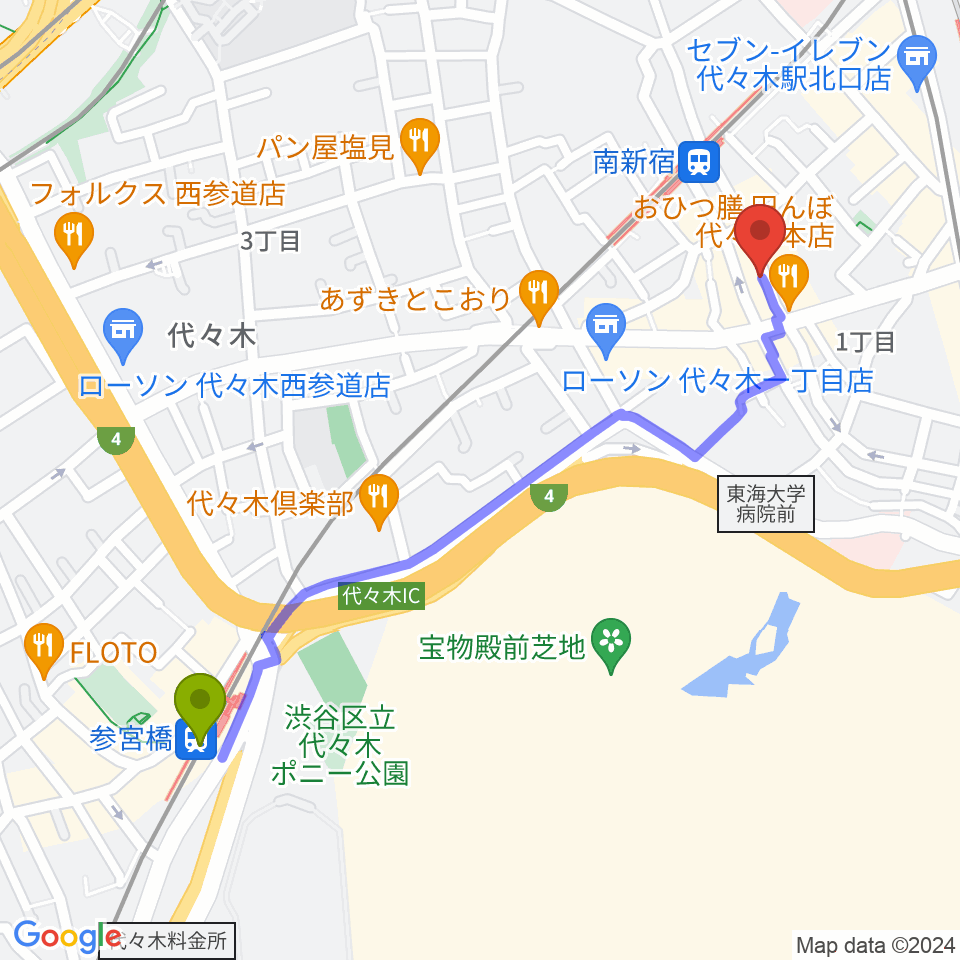 参宮橋駅から代々木Barbaraへのルートマップ地図