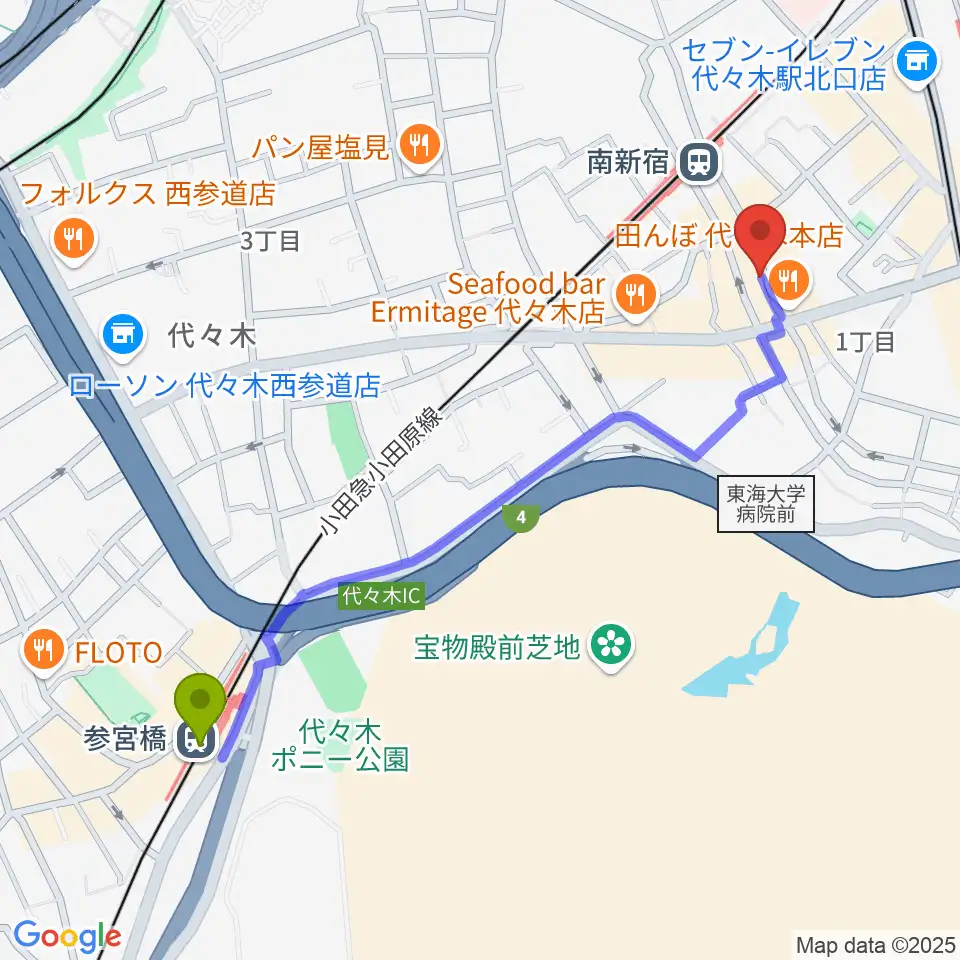 参宮橋駅から代々木Barbaraへのルートマップ地図