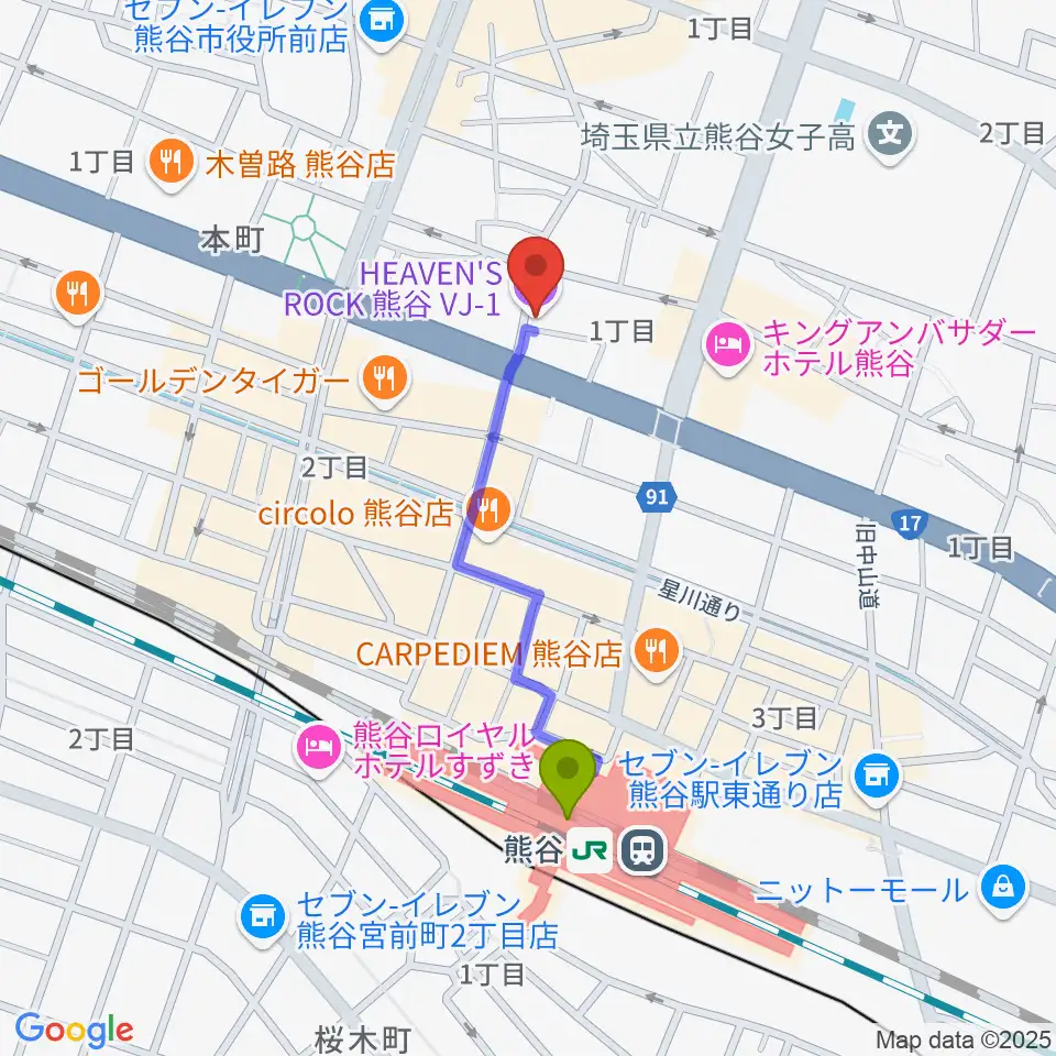 ヘブンズロック熊谷VJ-1の最寄駅熊谷駅からの徒歩ルート（約7分）地図