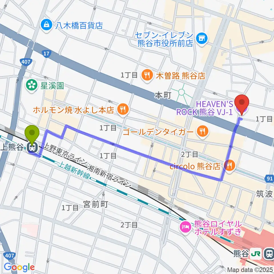 上熊谷駅からヘブンズロック熊谷VJ-1へのルートマップ地図