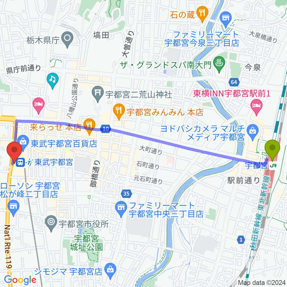 宇都宮駅から宇都宮ヘブンズロックへのルートマップ地図