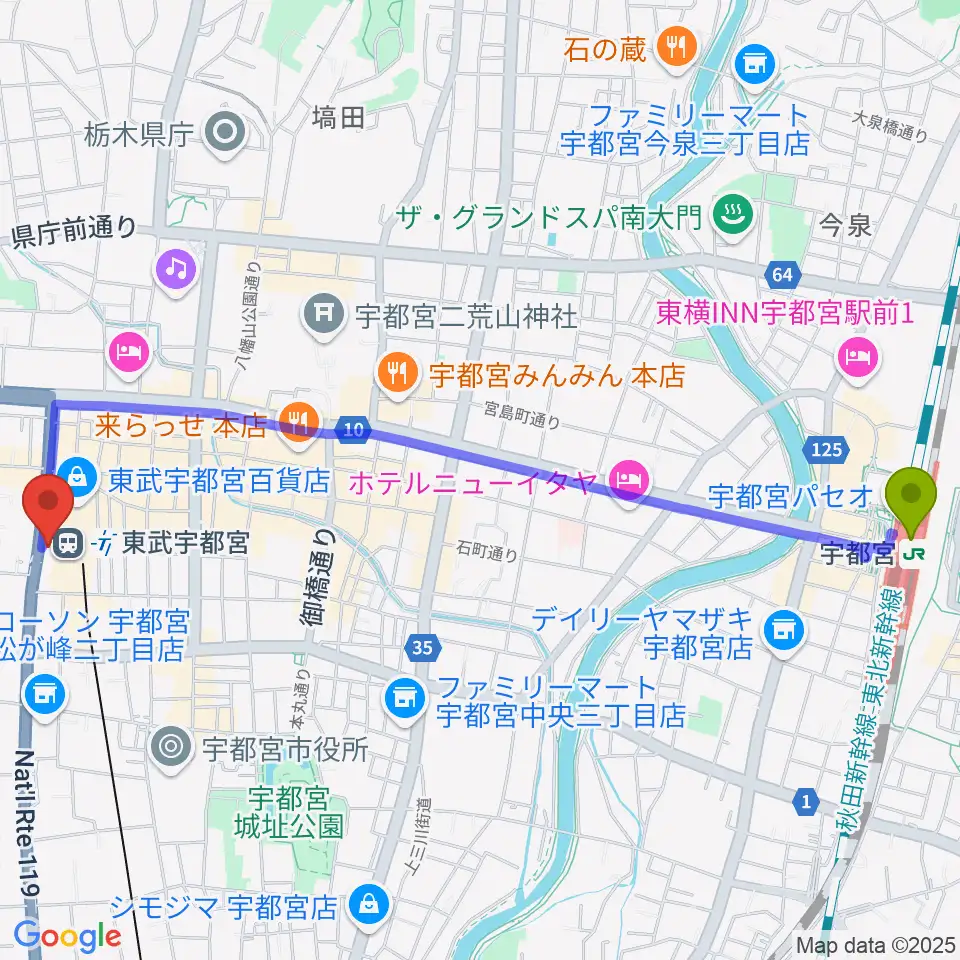 宇都宮駅から宇都宮ヘブンズロックへのルートマップ地図