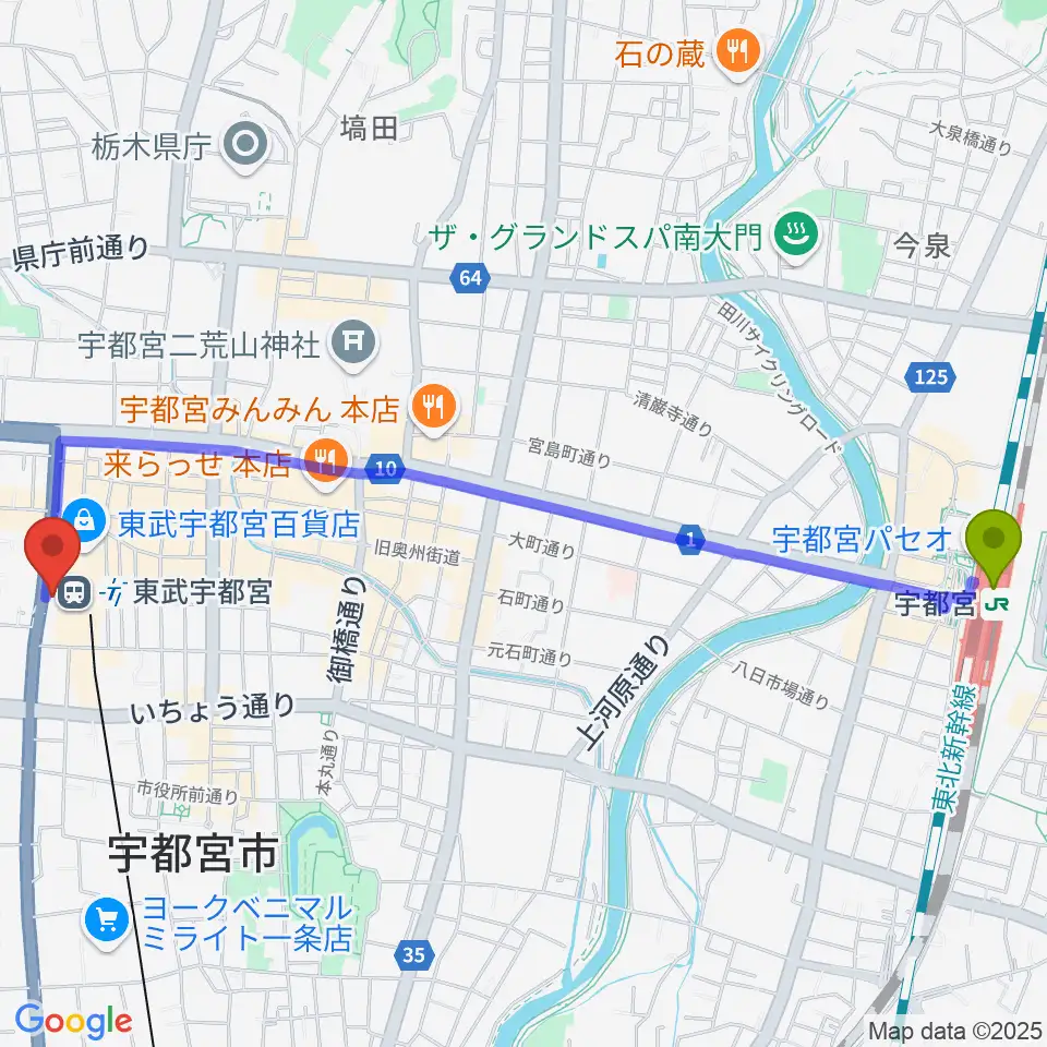 宇都宮駅から宇都宮ヘブンズロックへのルートマップ地図