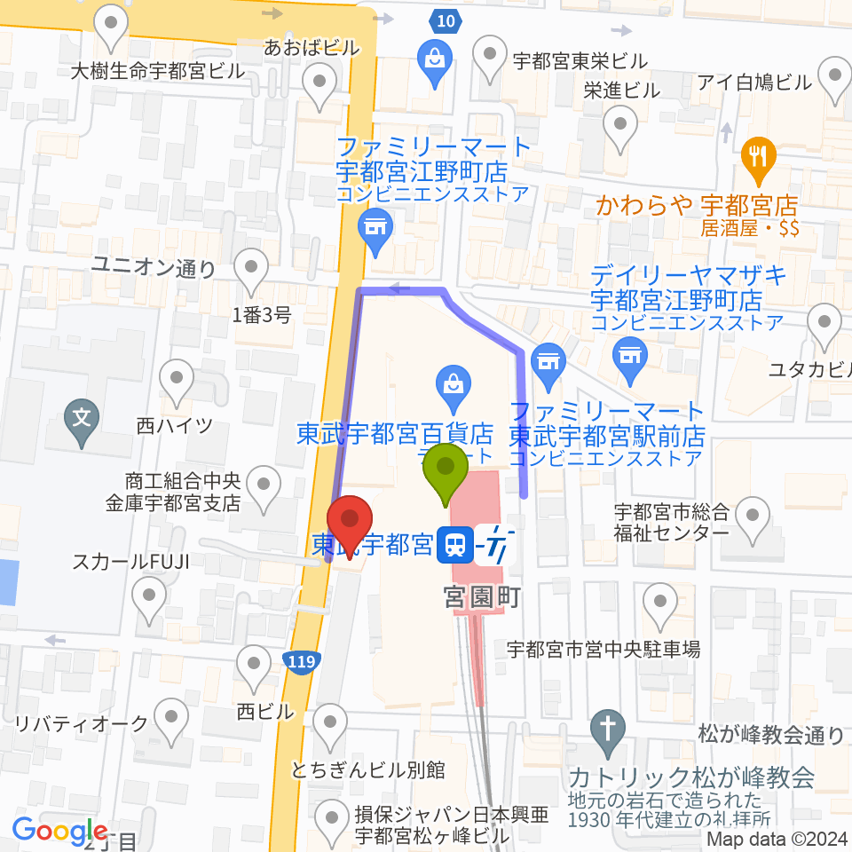 宇都宮ヘブンズロックの最寄駅東武宇都宮駅からの徒歩ルート（約1分）地図