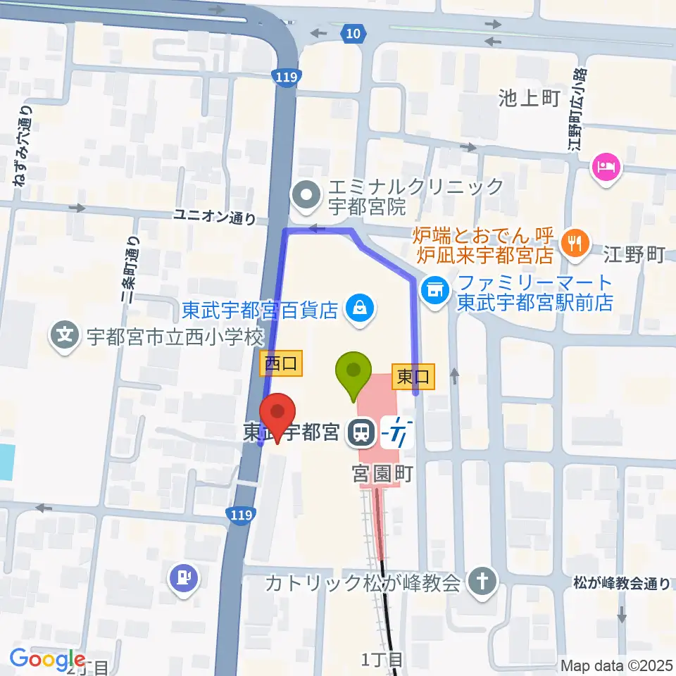 宇都宮ヘブンズロックの最寄駅東武宇都宮駅からの徒歩ルート（約1分）地図