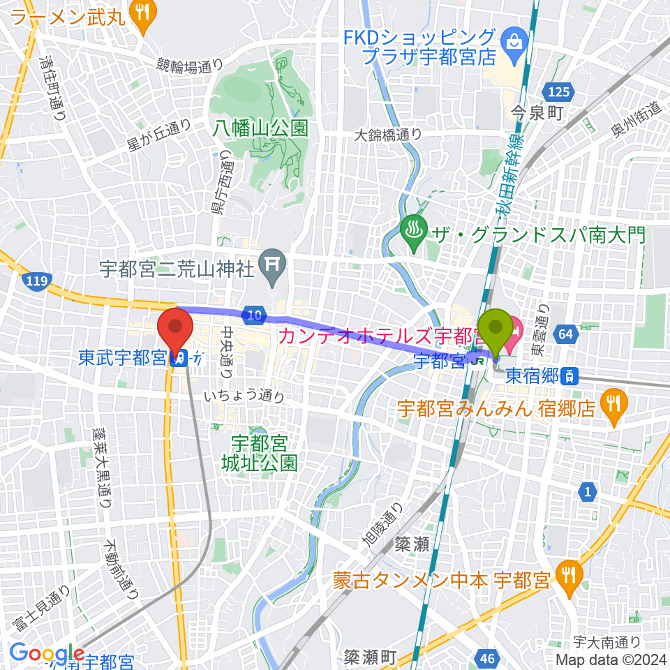 宇都宮駅東口駅から宇都宮ヘブンズロックへのルートマップ地図
