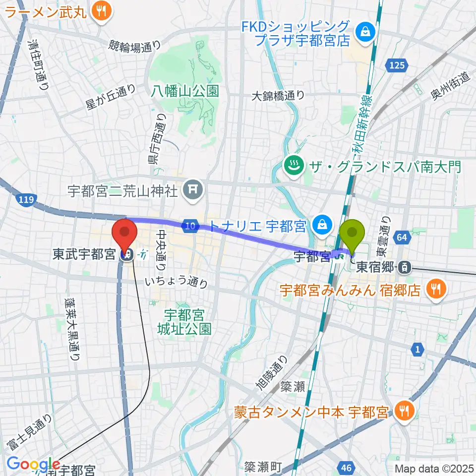 宇都宮駅東口駅から宇都宮ヘブンズロックへのルートマップ地図