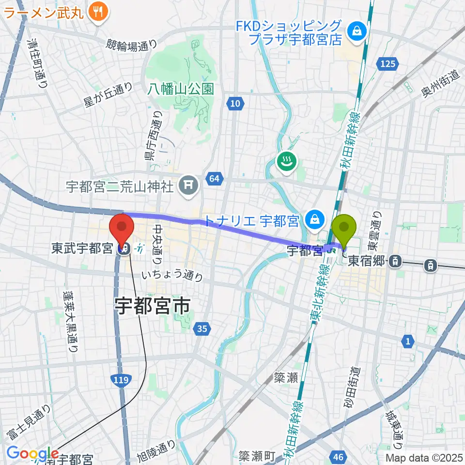 宇都宮駅東口駅から宇都宮ヘブンズロックへのルートマップ地図