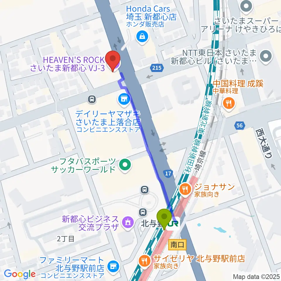 さいたま新都心ヘブンズロックの最寄駅北与野駅からの徒歩ルート（約5分）地図