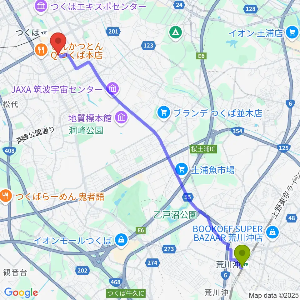 荒川沖駅からつくばパークダイナーへのルートマップ地図