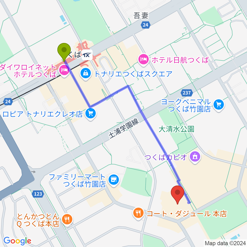 つくばパークダイナーの最寄駅つくば駅からの徒歩ルート（約11分）地図