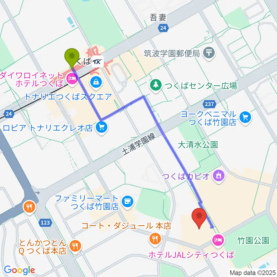 つくばパークダイナーの最寄駅つくば駅からの徒歩ルート（約11分）地図