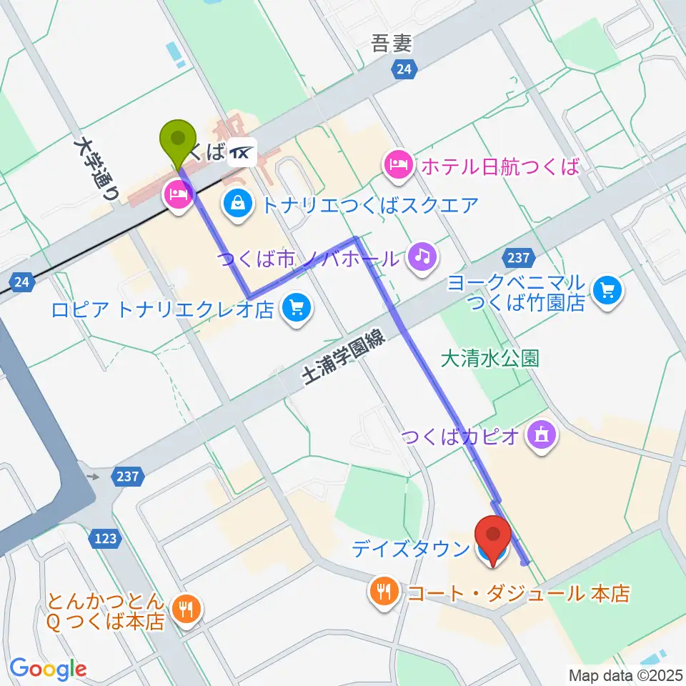 つくばパークダイナーの最寄駅つくば駅からの徒歩ルート（約11分）地図
